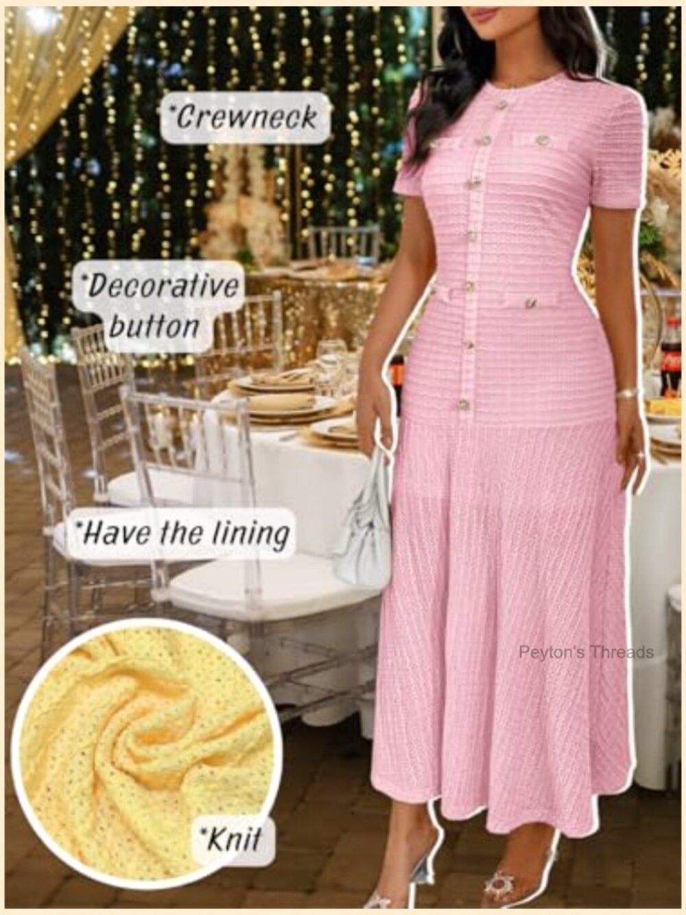 Knit Midi Dress with Decorative Metal Buttons, Crew Neck Short Sleeve - Picture 4 of 7